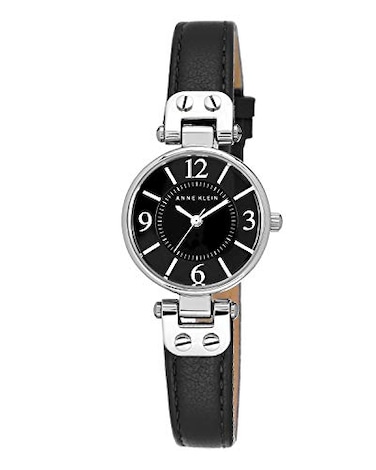 Anne Klein Womens 109443BKBK SilverTone Black Dial and Black Leather Strap Watch
