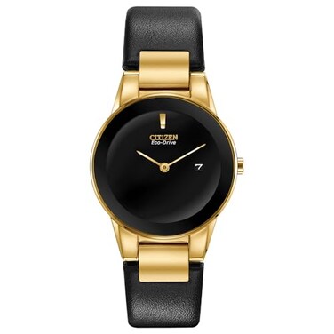Citizen Ladies EcoDrive Modern Axiom Watch Black Leather Strap Black Dial 2 Hand Date Model GA105204E