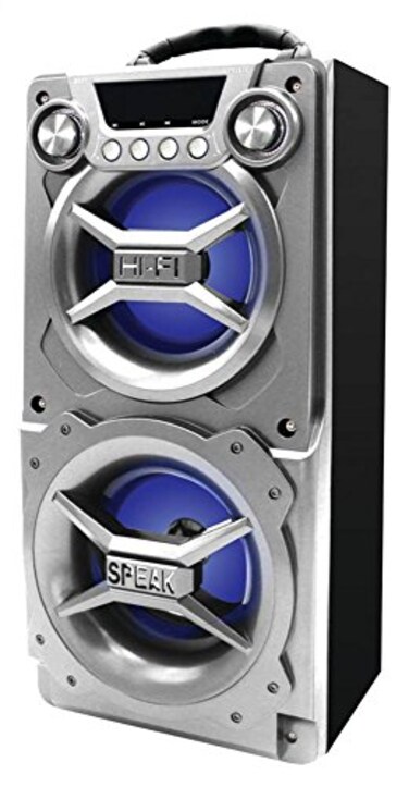SYLVANIA Portable Speaker with Bluetooth Connect to iPhone iPad or Android Double Subwoofer Heavy Bass Perfect for Events Silver