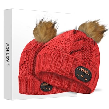 ASIILOVI Bluetooth Beanie DoubleLayer Wool Lining Bluetooth Hat Beanie with Pom Pom for WomenTeen GirlsFamily 20hrs Playing Gift Packaging for Christmas Stocking Stuffers Thanksgiving 03Red