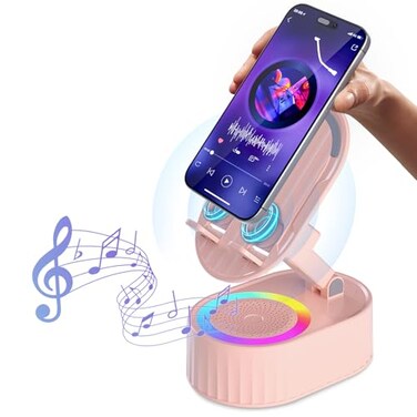 AKLLCCR Wireless Induction Audio Bluetooth Speaker 5in1 Phone Holder Emergency Rechargeable 3000mAh with Colorful Ambient Light 300 Foldable for Tablet iPhone Android Womens Birthday GiftsPink