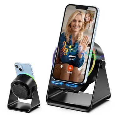 Dohelly Wireless Induction Speaker Phone Stand with Bluetooth Speaker Amplifier Stereo Sound RGB Ambient Light 360 Adjustable Phone Holder Compatible with iPhoneiPadAndroidSamsung GalaxyBlack