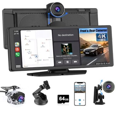 Pyniro Portable Wireless CarPlay Screen for Car with 4K Dash Cam1080P Backup Camera 1026IPS Touchscreen Car Stereo Supports CarPlayAndroid AutoVoice ControlGPS NavigationBluetoothMirror Link