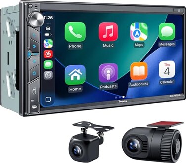 SJoyBring Double Din Car Stereo with Dash Cam Wireless Apple CarPlay Android Auto 240W 42CHN 7 Touchscreen SWC Bluetooth FMAM Car Radio 2 Subwoofers Outputs Backup Camera