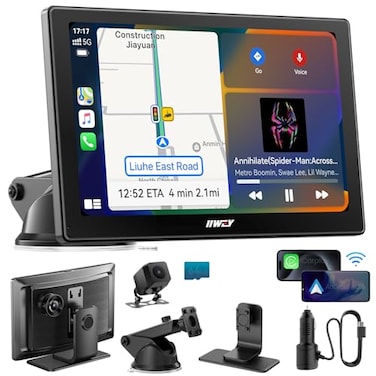 IIWEY IK5 9 Wireless Apple CarPlay Android Auto Screen Portable Car Stereo with 4K Dash Cam 1080p Backup Camera Add CarPlay to Any Vehicle Touchscreen Mirror Link