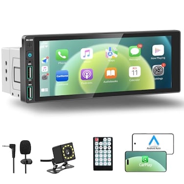 REAKOSOUND 69 Single Din Car Stereo with Apple CarPlay Android Auto Single Din Touchscreen Radio Car Stereo with Bluetooth Backup Camera GPS Navigation Mirror Link FMAM EQ USB SWC MIC
