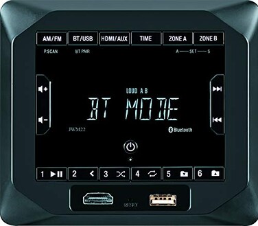 Jensen JWM22 2Speaker Zones AMFMBTHDMIAUX Cube Wall Mount Stereo Speaker Output 4X 6 Watt 30 Station Presets 18FM12AM Receives Bluetooth Audio A2DP and Controls AVRCP from Devices