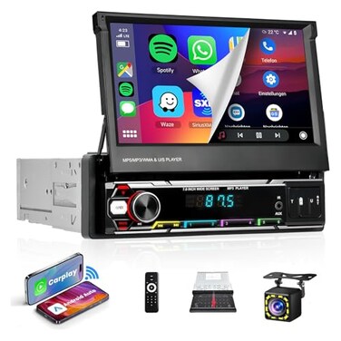 podofo Wireless Carplay 7inch Single Din Touchscreen RadioIPS Manual Flip Out TouchscreenAMFMRDS 51Bluetooth Car StereoFast ChargingWireless Android AutoMirror Link2 USBTFAUX PortBackup Camera