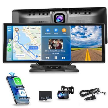 podofo 25K Front Camera64G TF Card Wireless CarplayAndroid Auto Portable Car Radio with 93 HD Touchscreen Dash Cam FrontRear View Camera Stereo Receiver Bluetooth FM Transmitter AUX