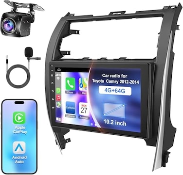 B4U 8Core 64GB 102 Inch QLED Touch Screen Car Radio for Toyota Camry 2012 2013 2014 with Carplay and Android AutoAndroid 13 Camry Stereo Support BluetoothWiFiGPSFM RadioBackup Camera SWC