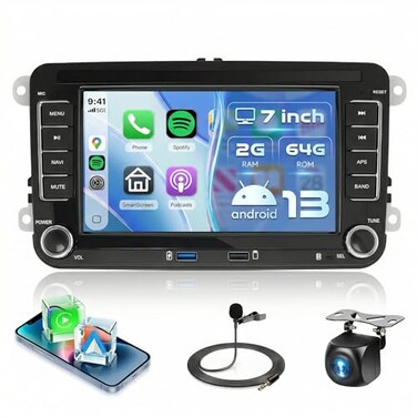 podofo 2G64G for VW Passat Jetta Tiguan Golf MK5 MK6 T5 Polo Car Radio Stereo Android 13 with Wireless CarplayAndroid Auto 7 Inch Touch Screen Two USB GPSFMRDSSWCBluetooth HD Backup Camera