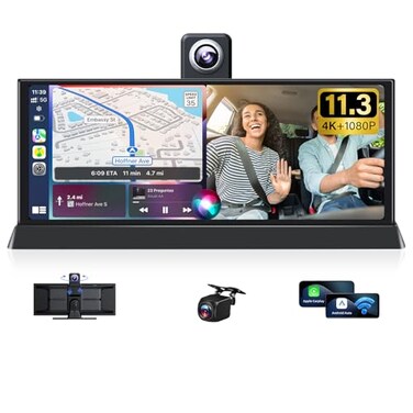 jelkuz 1126 4K Carplay Screen for Car Tablet Pro Max 2026 with 350 Rotatable Lens Wireless Apple Carplay Android Auto Screen 4K Dash Cam Bluetooth GPS Navigation Voice Control Unique Bracket WiFi