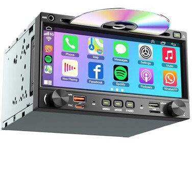 Focarado Double Din Carplay Car Radio with CDDVD 7 Inch Touchscreen Stereo with Wireless CarPlay Android Auto Support Backup Camera Bluetooth Voice Control Mirror Link SubwooferSWC AMFM Radio