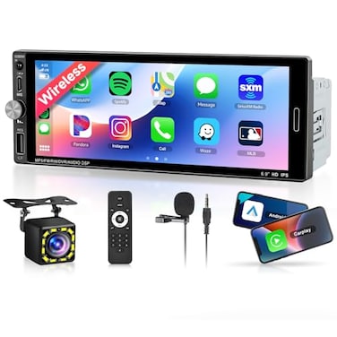 MAHVEC Single Din Car Stereo with Wireless Carplay Android Auto2025 Upgraded Bluetooth 52 TypeC Dual Mic 69 Inch IPS Touch Screen Car Radio with Backup Camera Mirror Link FM USB EQ SWC