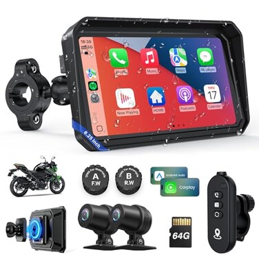 WonVon Motorcycle CarPlay Screen with Android Auto 625 Waterproof GPS Pantalla para Moto Apple CarPlay Navigation System for Motorcycle Dual 2K Dash Cam Bluetooth Audio TPMS with Magnetic Mount
