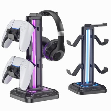 KDD RGB Headset Stand with 9 Light Modes Controller Holder for Desk Rotatable Headphone Stand Detachable Controller Hook for PC Earphone AccessoriesBlack