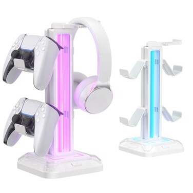 KDD RGB Headset Stand with 9 Light Modes Controller Holder for Desk Rotatable Headphone Stand Detachable Controller Hook for PC Earphone AccessoriesWhite
