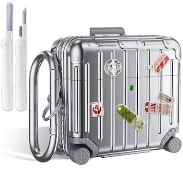 KOREDA Compatible with AirPods 4 Case Cover Funny Suitcase Design Case for Airpods 4th Generation 2024 Cute Fashion Protective Hard Case with Cleaner Kit Keychain Silver