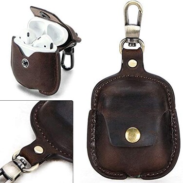 TGeng Genuine Leather Case fits Apple AirPods 1 and 2 Shockproof Wireless Charging Sleeve with AntiLost Keychain Coffee