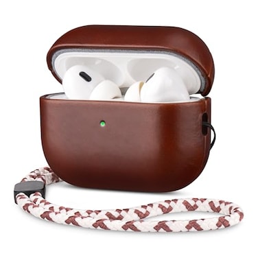 Maogoam Genuine Leather Case for AirPods Pro 3 3rd Gen 2025 Elegant Leather Cover Adjustable Lanyard Hard Shell Develops Patina Wireless Charging for Fashion Luxury Lovers Red Brown