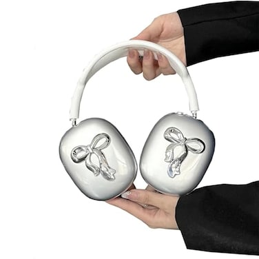 JLSDBMZ for AirPods Max Case Woman Cute 3D Silver Bow Protective CaseClear Soft TPU Ear Cups Headband Cover Protector for Apple AirPod Max