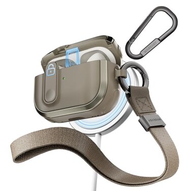 MAGEASY Odyssey AirPods Pro 1 2 Gen Case Cover Rugged AirPods Case with Lock Work with Cable Official Apple Watch MagSafe Charging Include Carabiner Wrist Strap Metal Sand