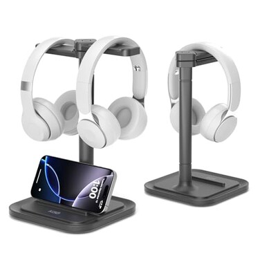 KDD Dual Headphone Stand for Desk Rotatable Headset Hanger with Phone Holder Removable NonSlip Base for Gamers Desktop Accessories