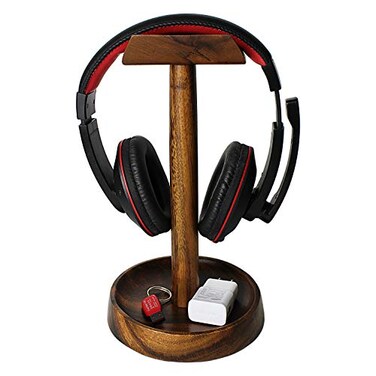 WRIGHTMART Wooden Headphone Stand with Tray Solid Acacia Headset Holder for Desk Organization Universal Fit for Sony Bose Beats Gaming Headsets Controllers