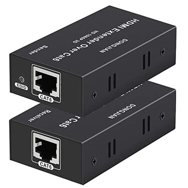 DONGJIAN HDMI Extender Over Cat5e67 Ethernet 1080p Up to 196ft HDMI Balun Sender Transmitter Receiver Support EDID and POC Function 3D HDCP