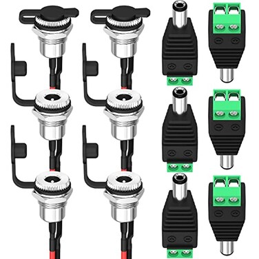 DaierTek DC Jack 55x21MM PreWired Female DC Power Jack Panel Mount Barrel Jack with 55 x 21 MM Male DC Connector Plug Waterproof Cover for Audio Video CCTV DIY Appliances 6Pcs