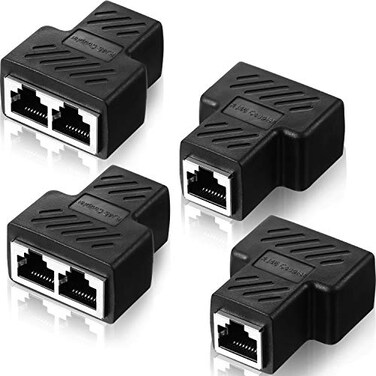 Frienda 4 Pieces RJ45 Ethernet Splitter Connectors 1 to 2 Splitter Connectors LAN Ethernet Plug Adapter Compatible with Cat5 Cat6 Cable Two Computer Can Surf The Internet at The Same Time Black