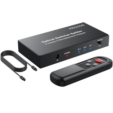 PROZOR Digital Audio Switcher Splitter 3 in 2 Out 3 Port Spdif Toslink Optical Switch with Remote Control Aluminum Alloy Material 2 Way Digital Audio Splitter Support LPCM 20 DTS DolbyAC3