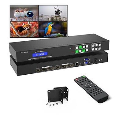 MT-VIKI MTVIKI 4K HDMI Matrix Switch 4x4 with Audio Extraction Web GUI Remote Rack Mount Switcher Splitter 4K30Hz EDID RS232 LAN Port APP for Conference Room Church 4 in 4 Out