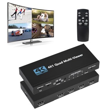 Groza HDMI Multiviewer Switch 4x1 Quad Switcher 4 in 1 Out with IR Remote Control Support 4K Full HD and 9 Display Modes for Security Camera Gaming Consoles