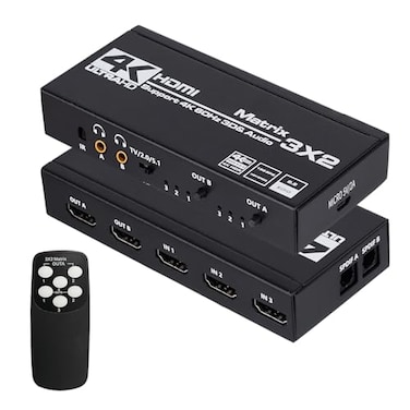 Anber-Tech HDMI Matrix 3x2 4K HDMI Matrix Switch 3 in 2 Out Switcher Splitter Box with EDID Extractor and IR Remote Control Support Ultra 4K HDR 4Kx2K60Hz 3D1080PHDMI 20b HDCP 22