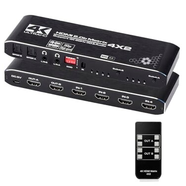 Anber-Tech HDMI Matrix 4x2 4K HDMI Matrix Switch 4 in 2 Out Switcher Splitter Box with EDID Extractor and IR Remote Control Support Ultra 4K HDR4Kx2K60Hz 3D 1080PHDMI 20b HDCP 22