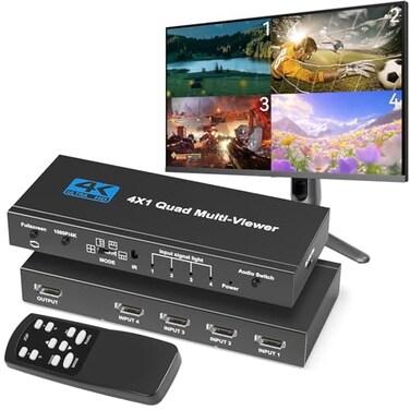 HAICHENTEX HDMI Multiviewer Switch 4x1 Seamless Switcher Quad MultiViewer HDMI Switcher 4 in 1 Out Supports 4K HD1080p 60HzUpgrade 9 Display Modes with IR Remote for Security Camera and Gaming Console