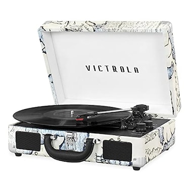 Victrola Journey Bluetooth Portable Suitcase Record Player with Builtin Speakers 3 Speed Vinyl Record Player RCA Out Headphone Jack Retro Map