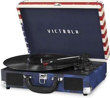 Victrola Journey Bluetooth Portable Suitcase Record Player with Builtin Speakers 3 Speed Vinyl Record Player RCA Out Headphone Jack American Flag