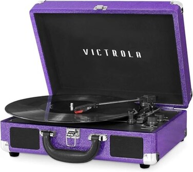 Victrola Journey Bluetooth Portable Suitcase Record Player with Builtin Speakers 3 Speed Vinyl Record Player RCA Out Headphone Jack Purple Glitter