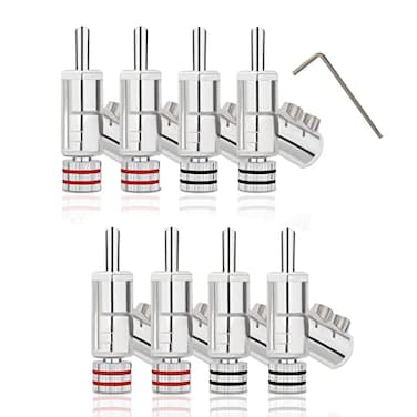Monosaudio Locking Banana Plugs 8Pcs 45 Degree Banana Connectors Double Screw Speaker Plug for 815 Guage Speaker WireAudioVideo ReceiverSound Systems with LForm Hex WrenchRhodium Plated