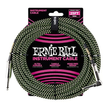 Ernie Ball Braided Instrument Cable StraightAngle 25ft Neon GreenBlack P06066