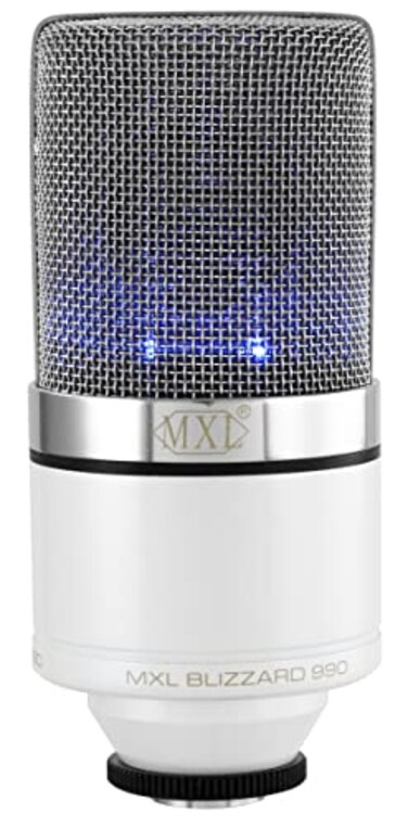 MXL 990 Condenser Microphone for Podcasting Singing Home Studio Recording Gaming Streaming Blue LED lights XLR Large Diaphragm BLIZZARD