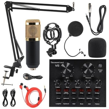 MorTime Condenser Microphone Bundle Live Sound Card Adjustable Boom Arm Shock Mount Metal Mic Pop Filter Sponge Pop Filter Cover Earphone Audio Cables and Power Cable Set of 11 Mic Kit