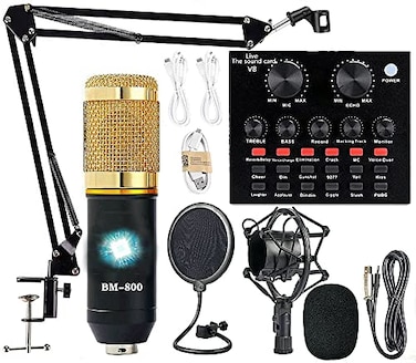 sktome Podcast Equipment Bundle BM800 Recording Studio Package with Voice Changer Live Sound Card Audio Interface for Laptop Computer Vlog Living Broadcast Live Streaming YouTube TikTok AM100V8