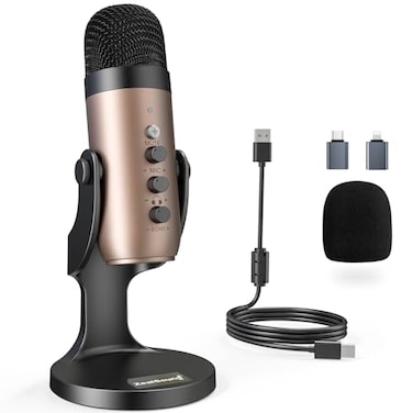 ZealSound Podcast Microphone for PC Noise Cancellation USB Mic with Gain Volume Adjustment Mute Button Monitoring Echo for YouTube TikTok Podcasting Streaming iPhone iPad Android Mac