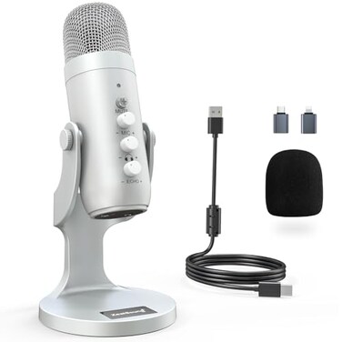 ZealSound Podcast Microphone for PC Noise Cancellation USB Mic with Gain Volume Adjustment Mute Button Monitoring Echo for YouTube TikTok Podcasting Streaming iPhone iPad AndroidSilver