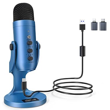 ZealSound Podcast Microphone for PC Noise Cancellation USB Mic with Gain Volume Adjustment Mute Button Monitoring Echo for YouTube TikTok Podcasting Streaming iPhone iPad AndroidBlue
