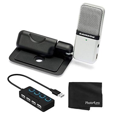 SAMSON Go Mic Portable Clipon USB Condenser Microphone Titanium USB 20 Hub with Individual LED lit Power Switches Cleaning Cloth Deluxe Bundle Great for Podcasting and Field Recording