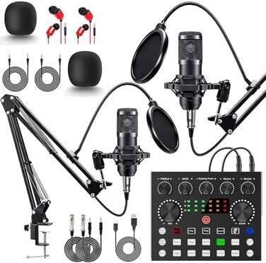 CofeLife Podcast Equipment Bundle for 2 V8s DJ Mixer Voice Changer with BM800 Podcast Microphone Bundle Studio Condenser Microphone Perfect for Podcasting Recording Singing Streaming and Gaming